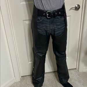 Barneys New York Leather Chaps Black Pockets Snaps Zippers Functional size S
